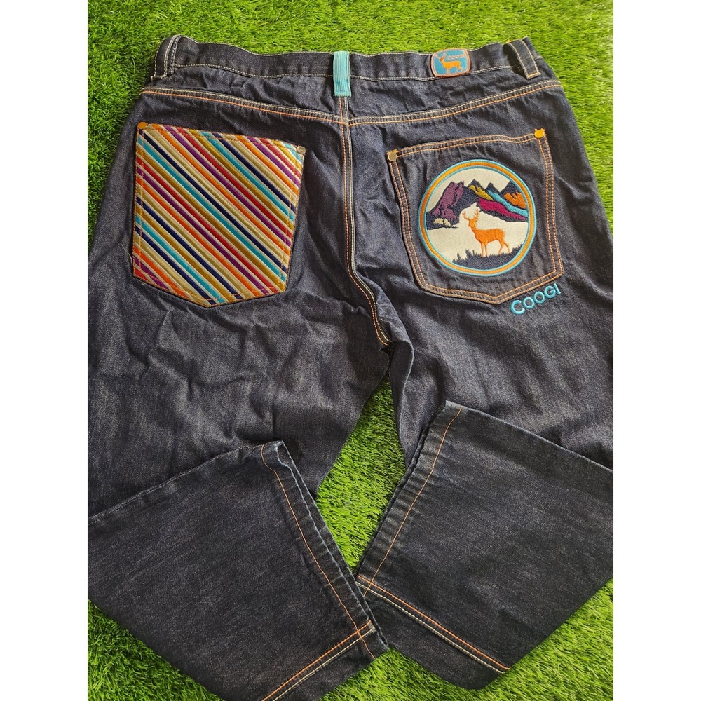 COOGI Jeans Mens 42 Blue Cropped Rainbow Stripe Pocket Deer Scene Embroidered